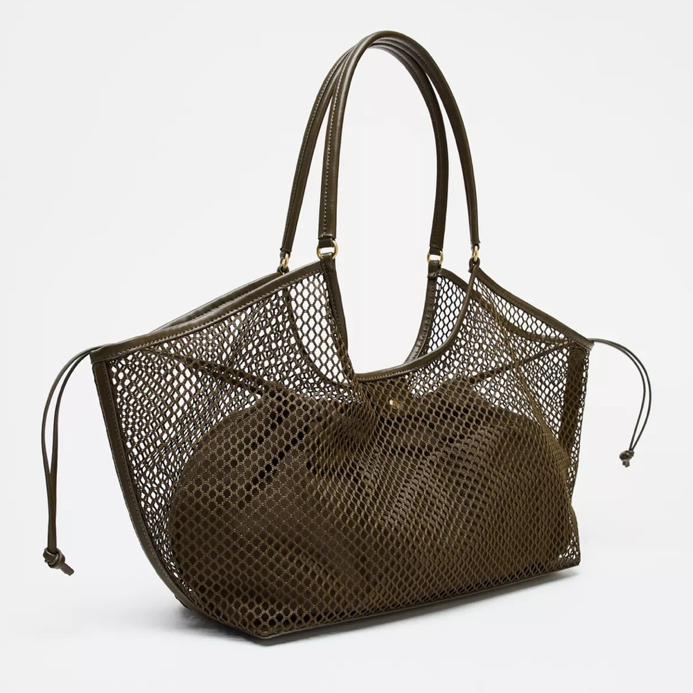Zara Mesh Shopper Bag Olive Green NWT - Picture 2 of 7